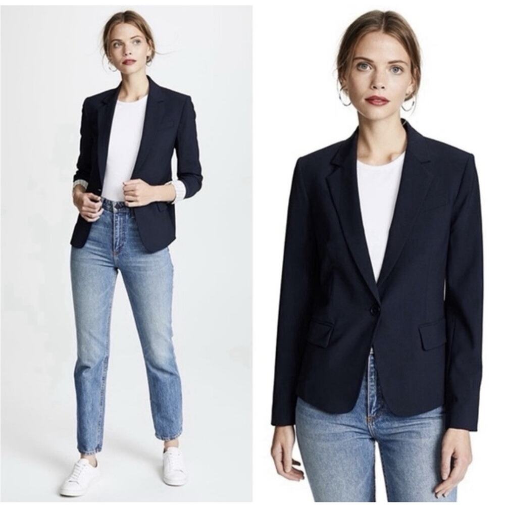 Theory Navy Blue Single Button Wool Blazer Jacket Sz 6 Professional Quiet Luxury